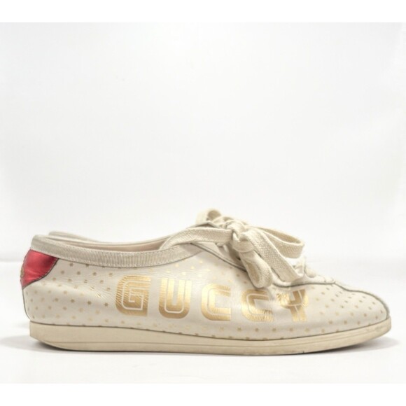 Gucci Cream Leather Falacer "Guccy" Low Top Sneakers Gold Accents Sz EU 35 5 - Picture 1 of 12